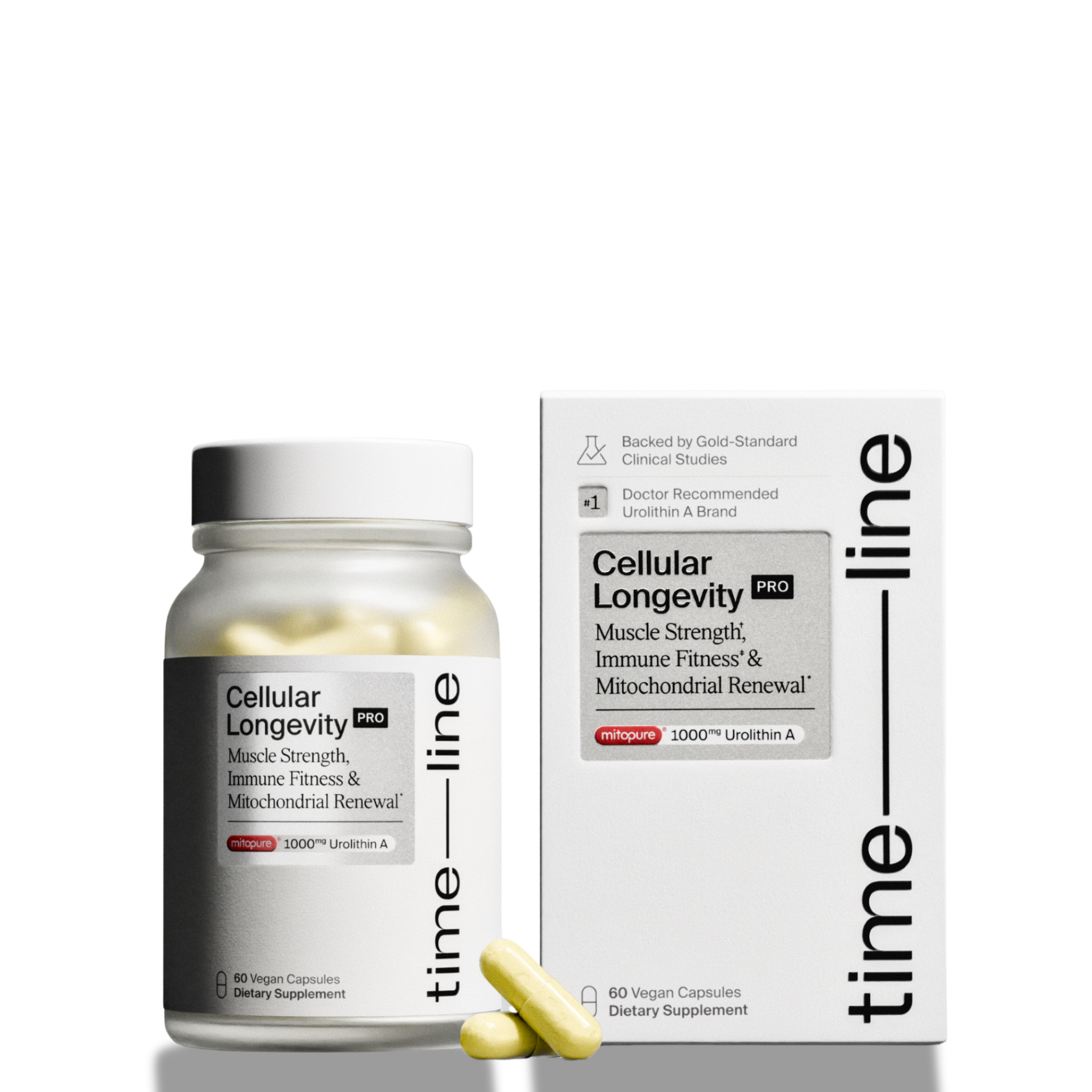 A bottle and box of time-line Cellular Longevity PRO dietary supplement capsules on a clean white background, with two yellow capsules placed in front.