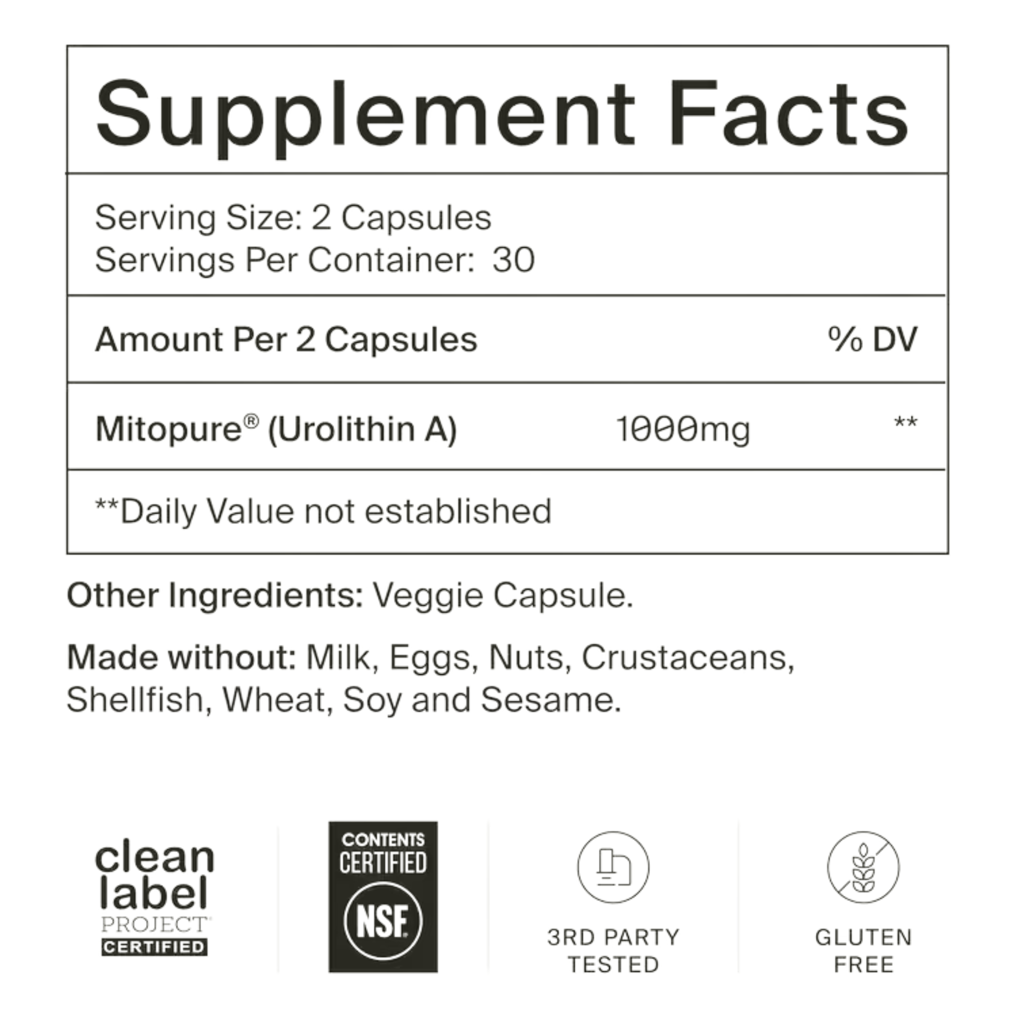 A supplement facts label for Mitpure (Urolithin A) 1000mg, showing serving size, servings per container, amount per 2 capsules, and other ingredients. The label also includes certification logos for Clean Label Project and NSF, a 3rd party tested icon, and a gluten free icon, all on a white background.