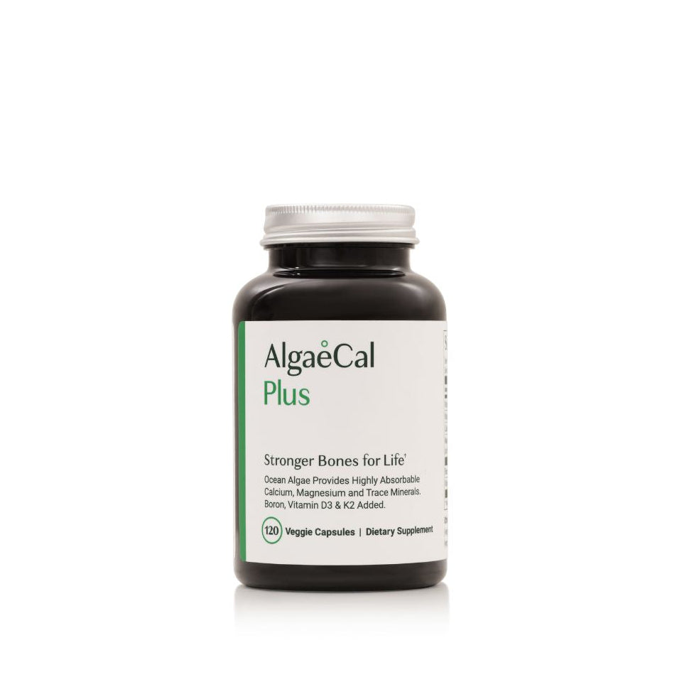 Supplement bottle labeled 'AlgaeCal Plus' on a white background