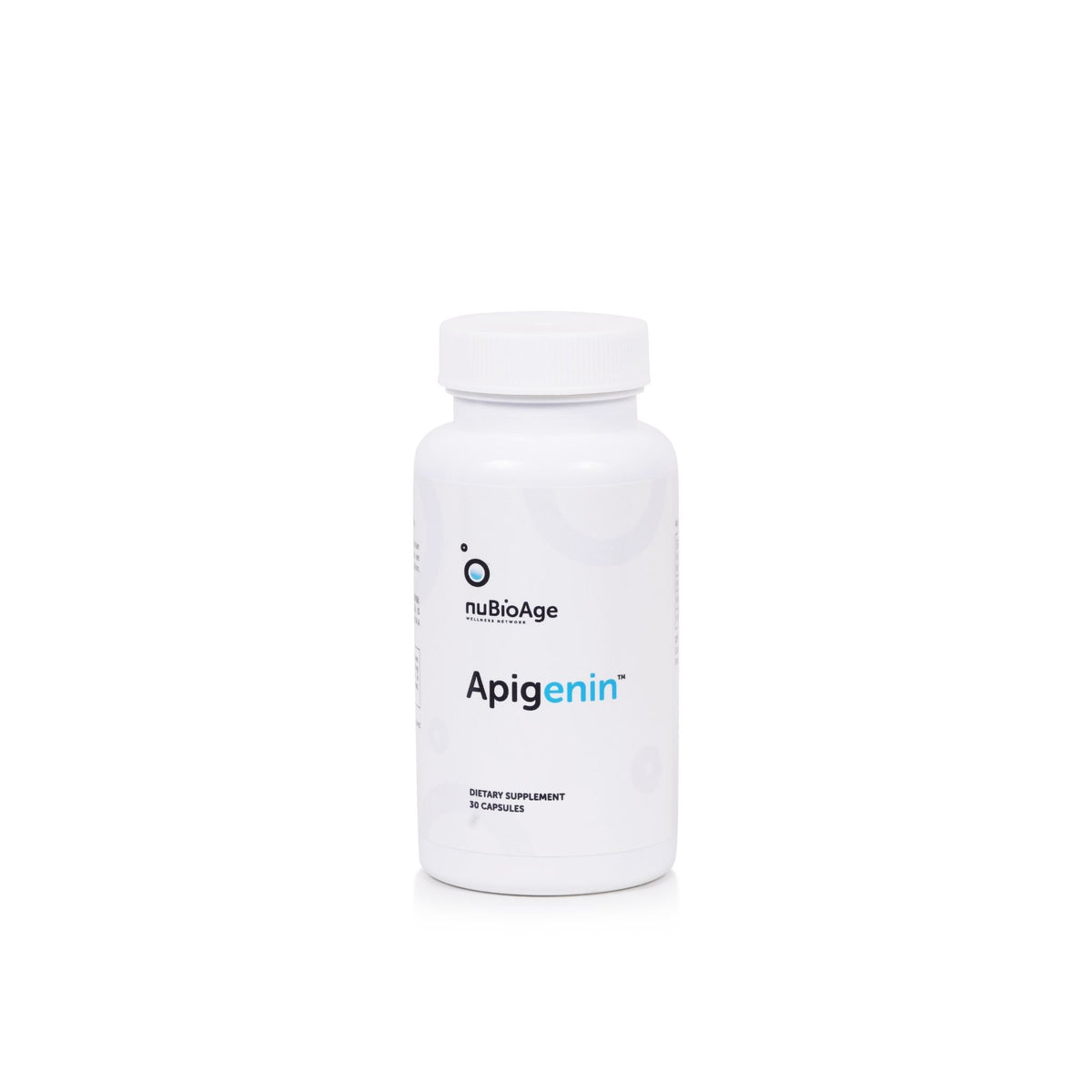 A white plastic bottle of nuBioAge Apigenin dietary supplement capsules, centered on a clean white background.