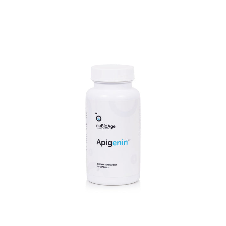 A white plastic bottle of nuBioAge Apigenin dietary supplement capsules, centered on a clean white background.