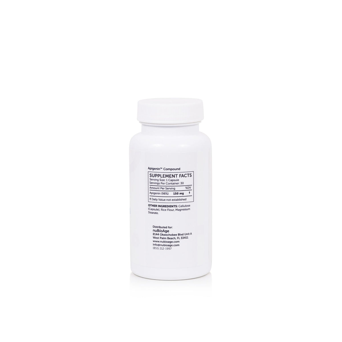 A white plastic bottle of Nugen Compound dietary supplement, shown from the back with black text on a white background.