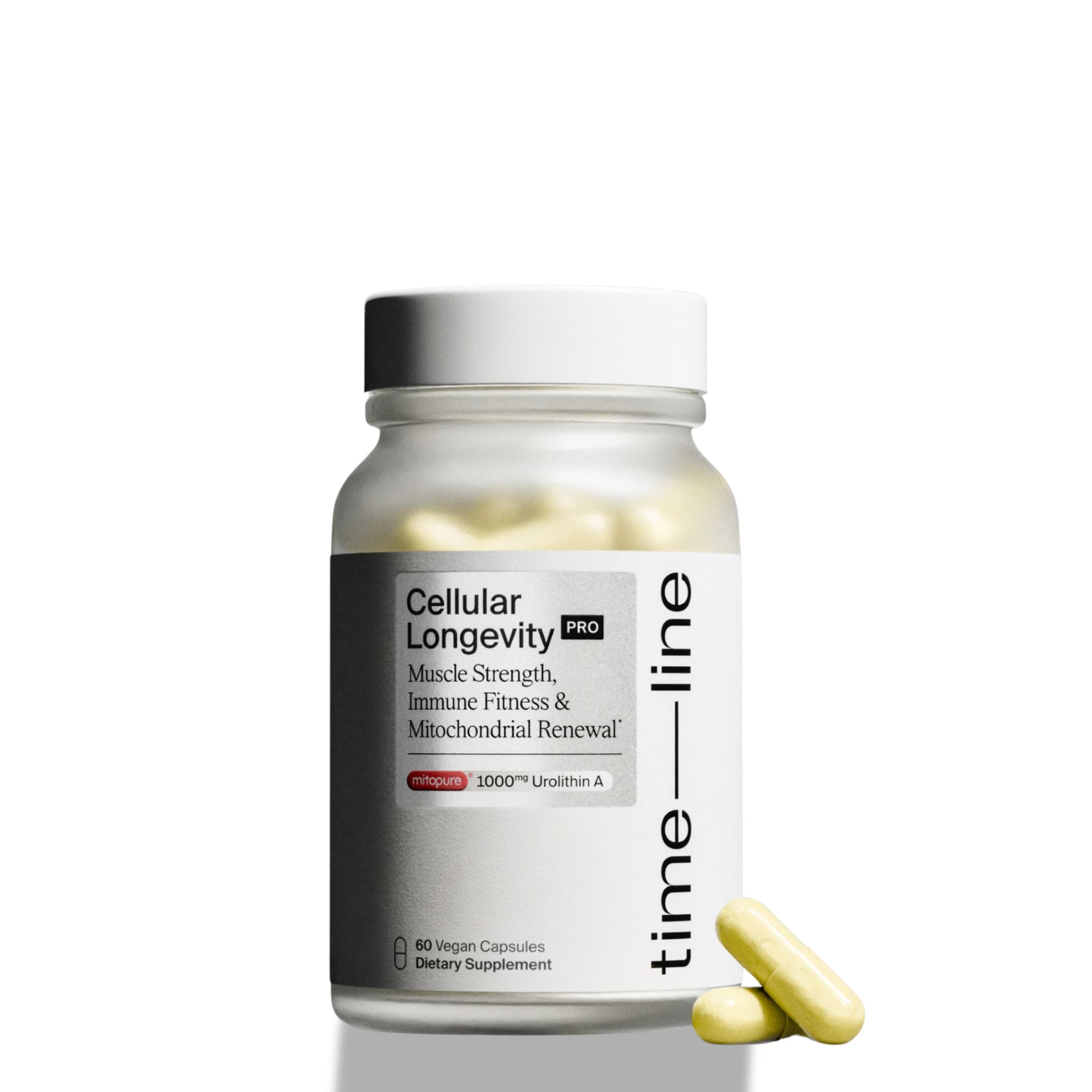 A bottle of Cellular Longevity supplement with three yellow capsules placed in front on a clean white background.