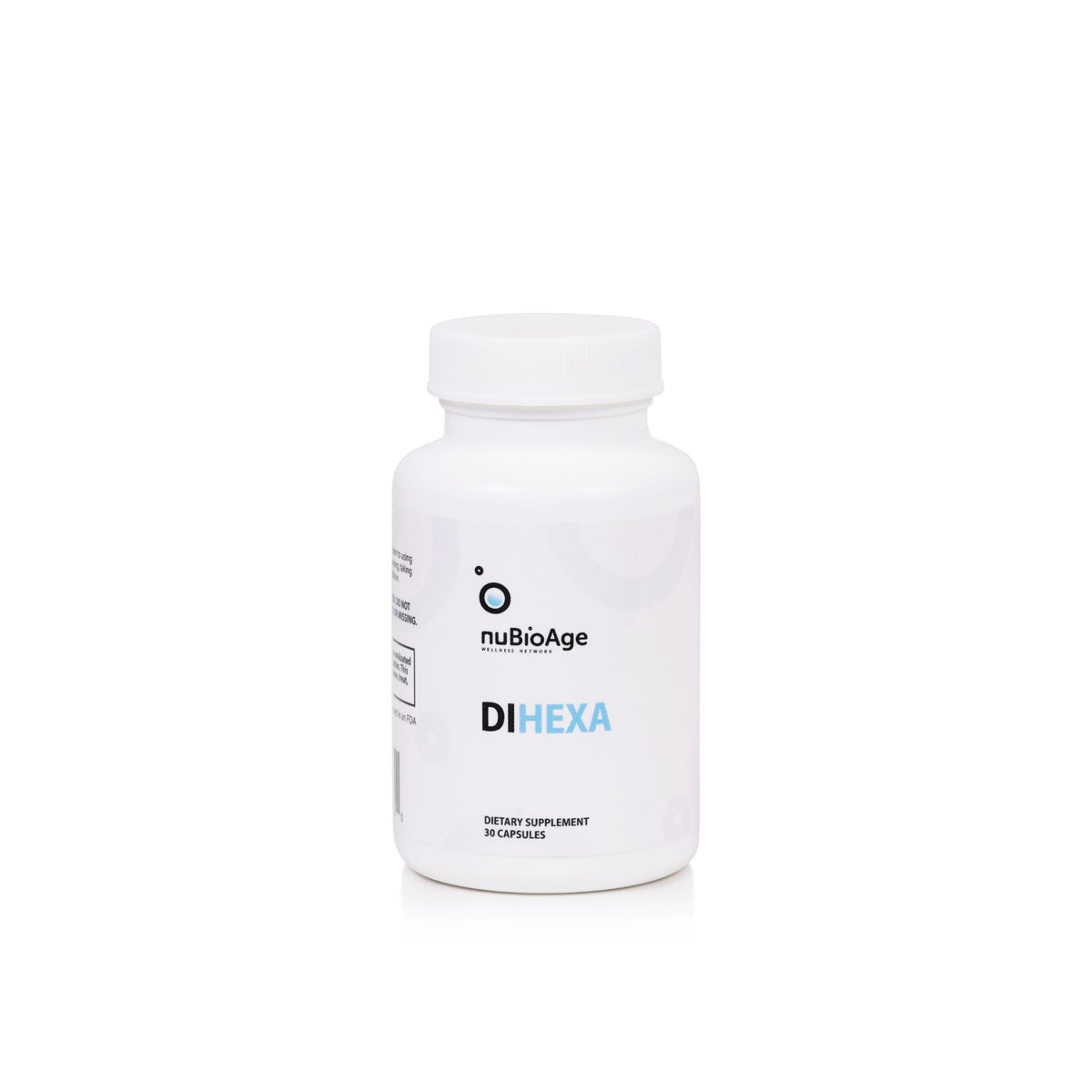 A white plastic bottle of nuBioAge DIHEXA dietary supplement capsules, shown on a clean white background with a subtle reflection.