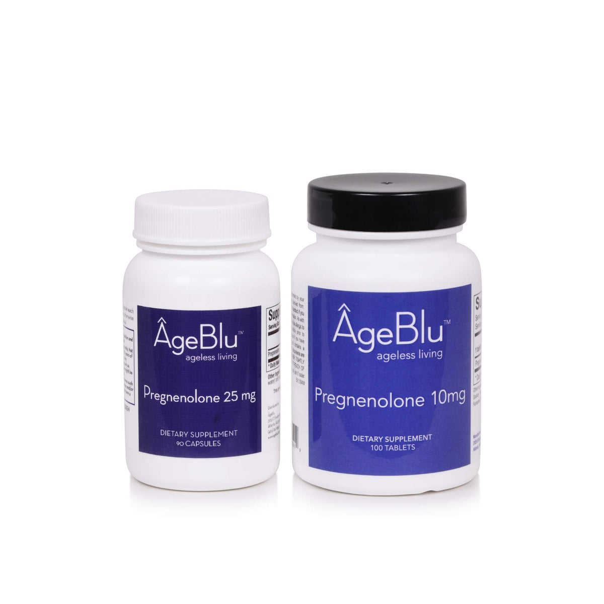 Two white supplement bottles from ÀgeBlu on a white background, one with a white cap labeled Pregnenolone 25 mg and one with a black cap labeled Pregnenolone 10mg.