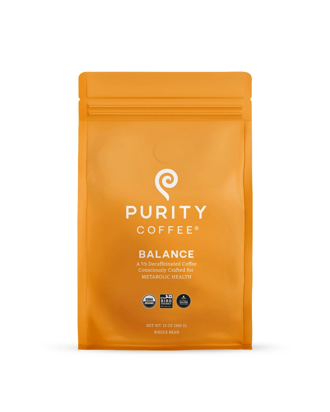 Orange coffee package labeled 'Purity Coffee Balance' on a white background