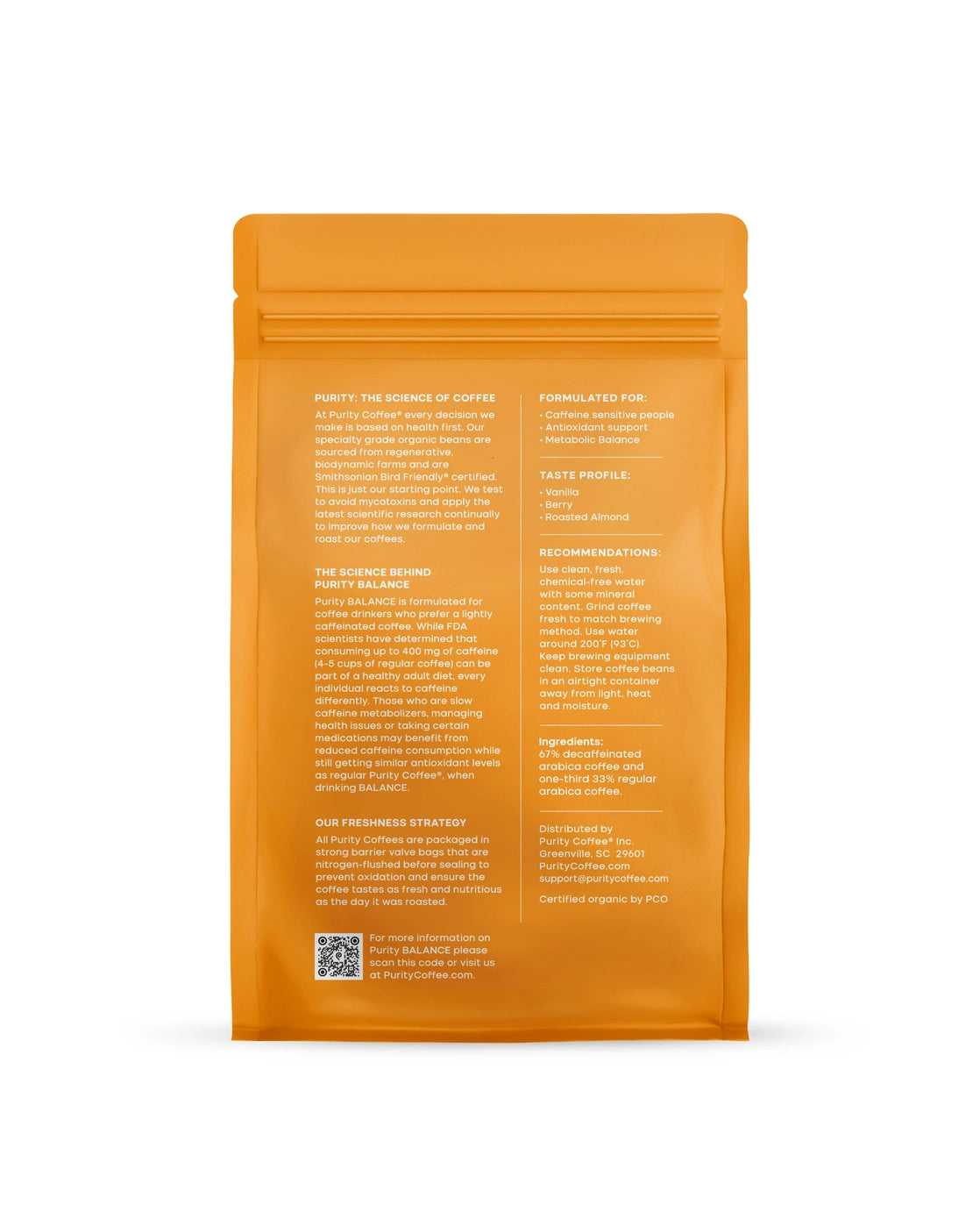 Orange package with text and a QR code on a white background