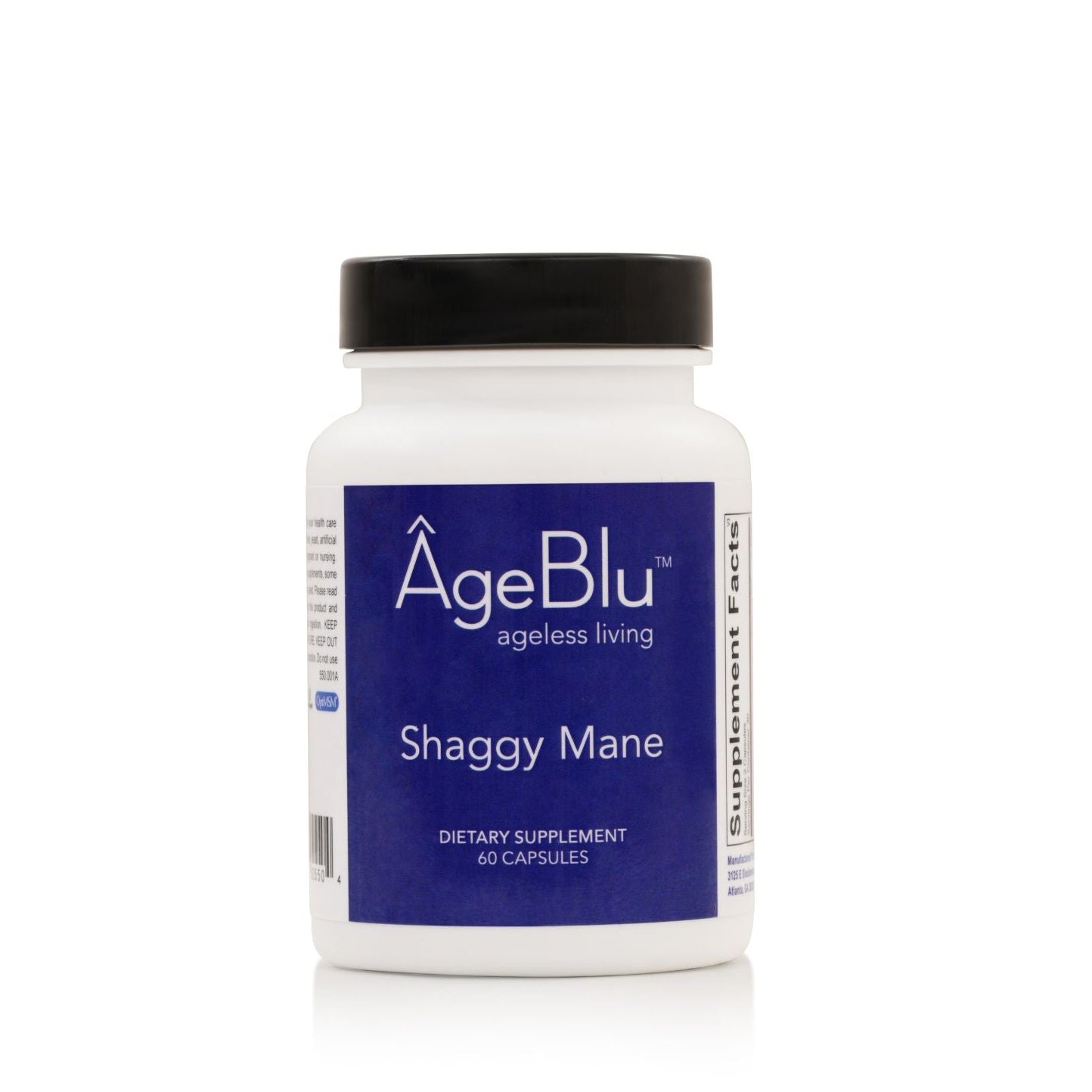 Supplement bottle labeled 'AgeBlu Shaggy Mane' on a white background