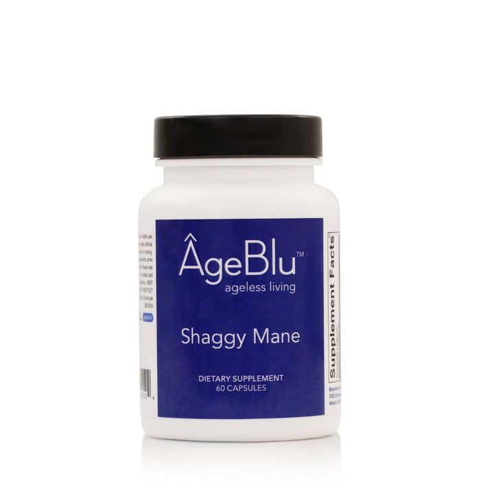 Supplement bottle labeled 'AgeBlu Shaggy Mane' on a white background