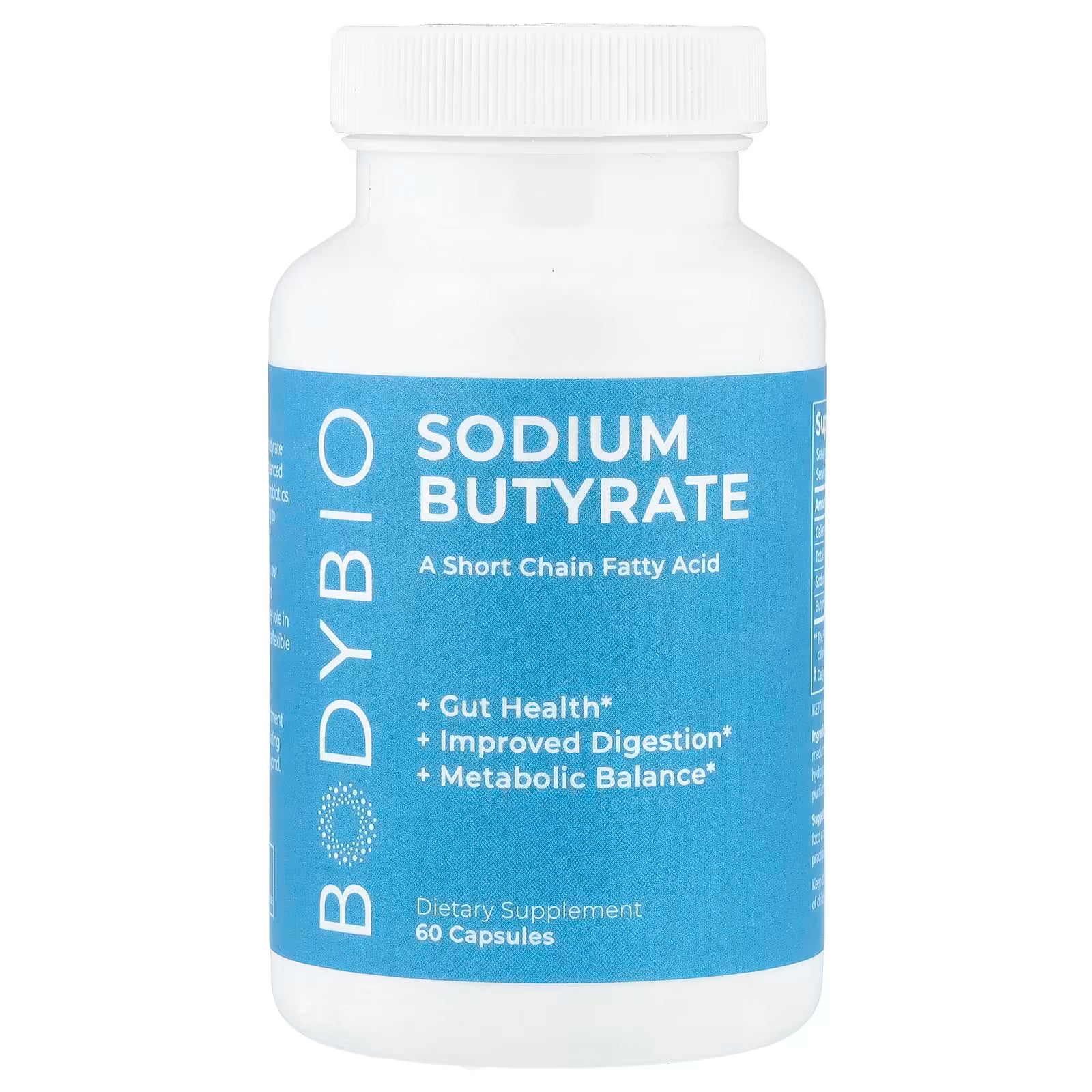 Supplement bottle labeled 'Sodium Butyrate' by BODYIO on a white background