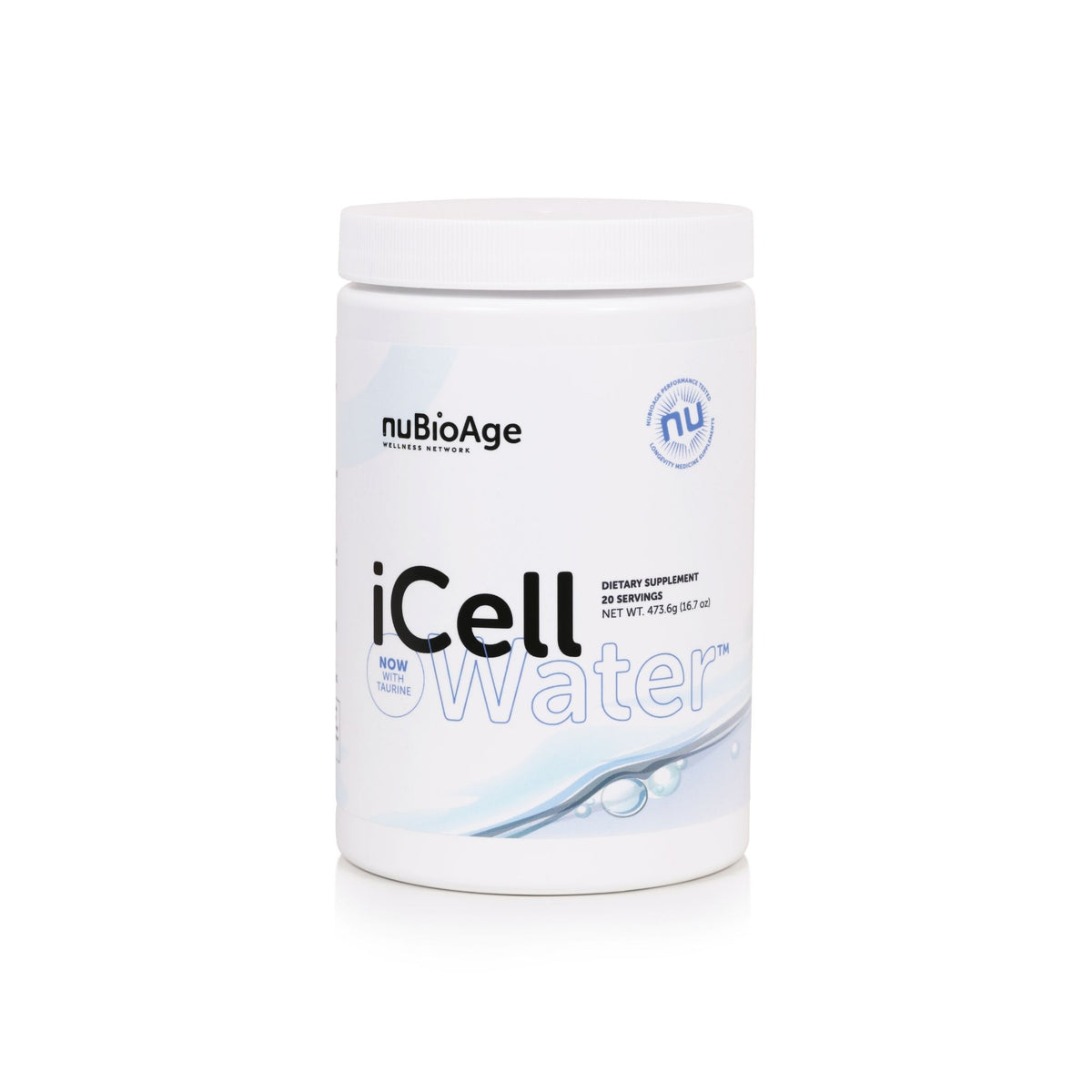 A white plastic tub of nuBioAge iCell Water dietary supplement on a clean white background.