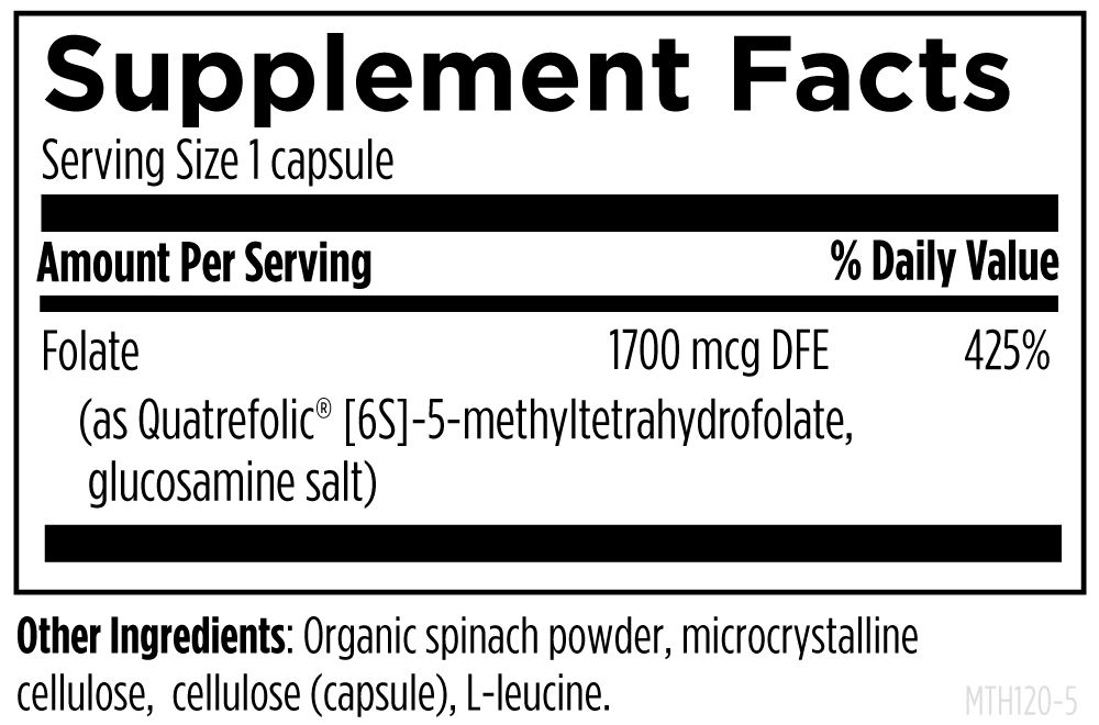 Supplement facts label with folate content and other ingredients listed